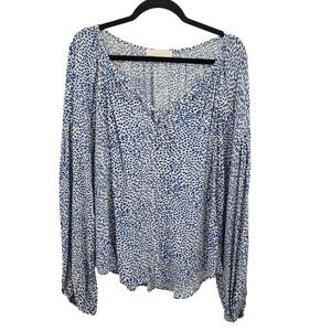 Lovestitch Abstract Dot Peasant Blouse Womens Large White White V Neck Rayon Top